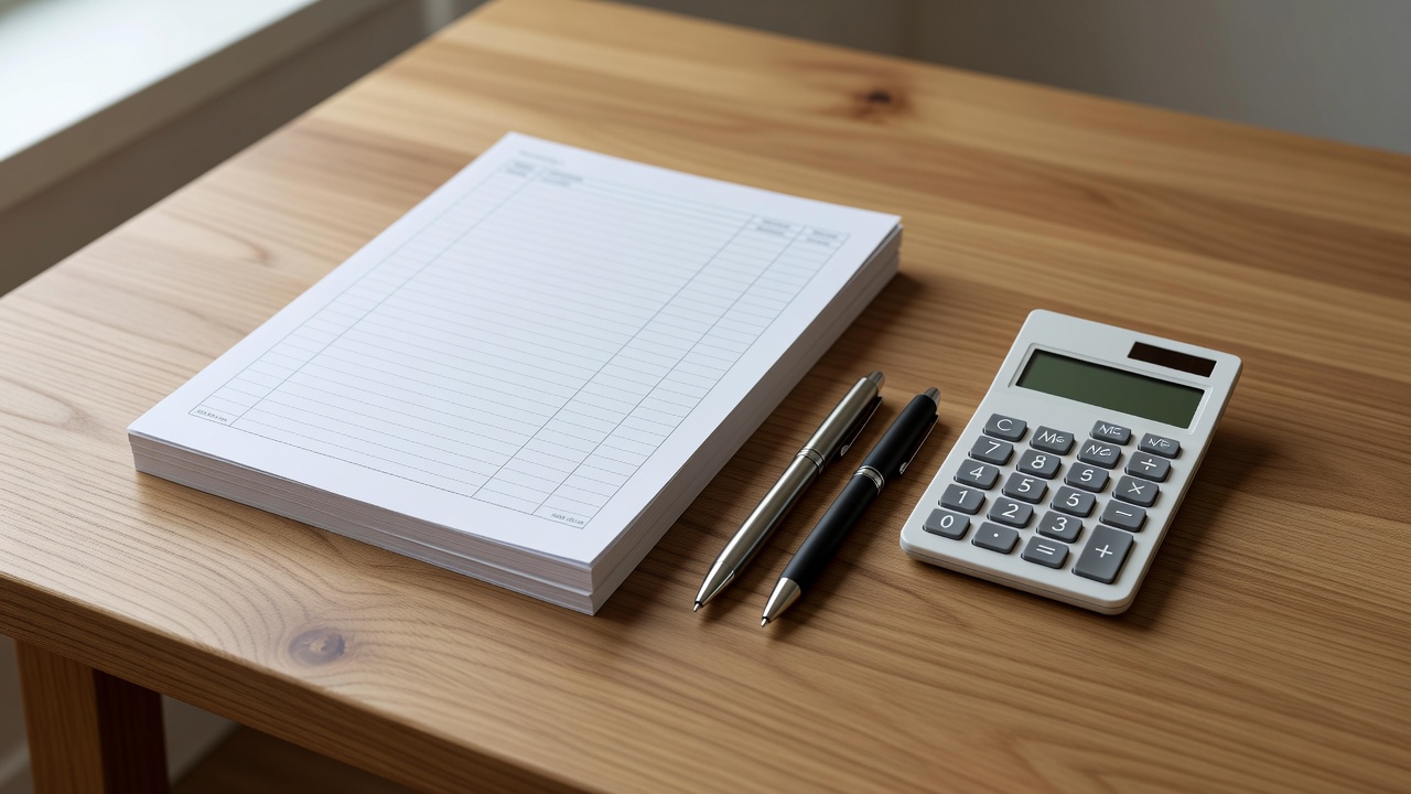 Financial ledger sheet, pens, and digital balance calculation device on clean timber surface